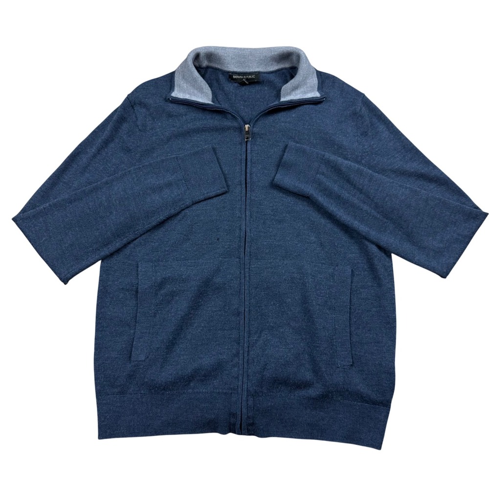 Banana Republic Mens Merino Wool Full Zip Sweater Blue Mock Neck Cardigan Medium